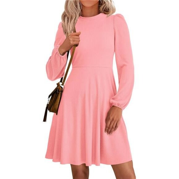 Womens Long Sleeve Ribbed Mini Dress A Line Flowy Short Dress With Pockets - Picture 1 of 7